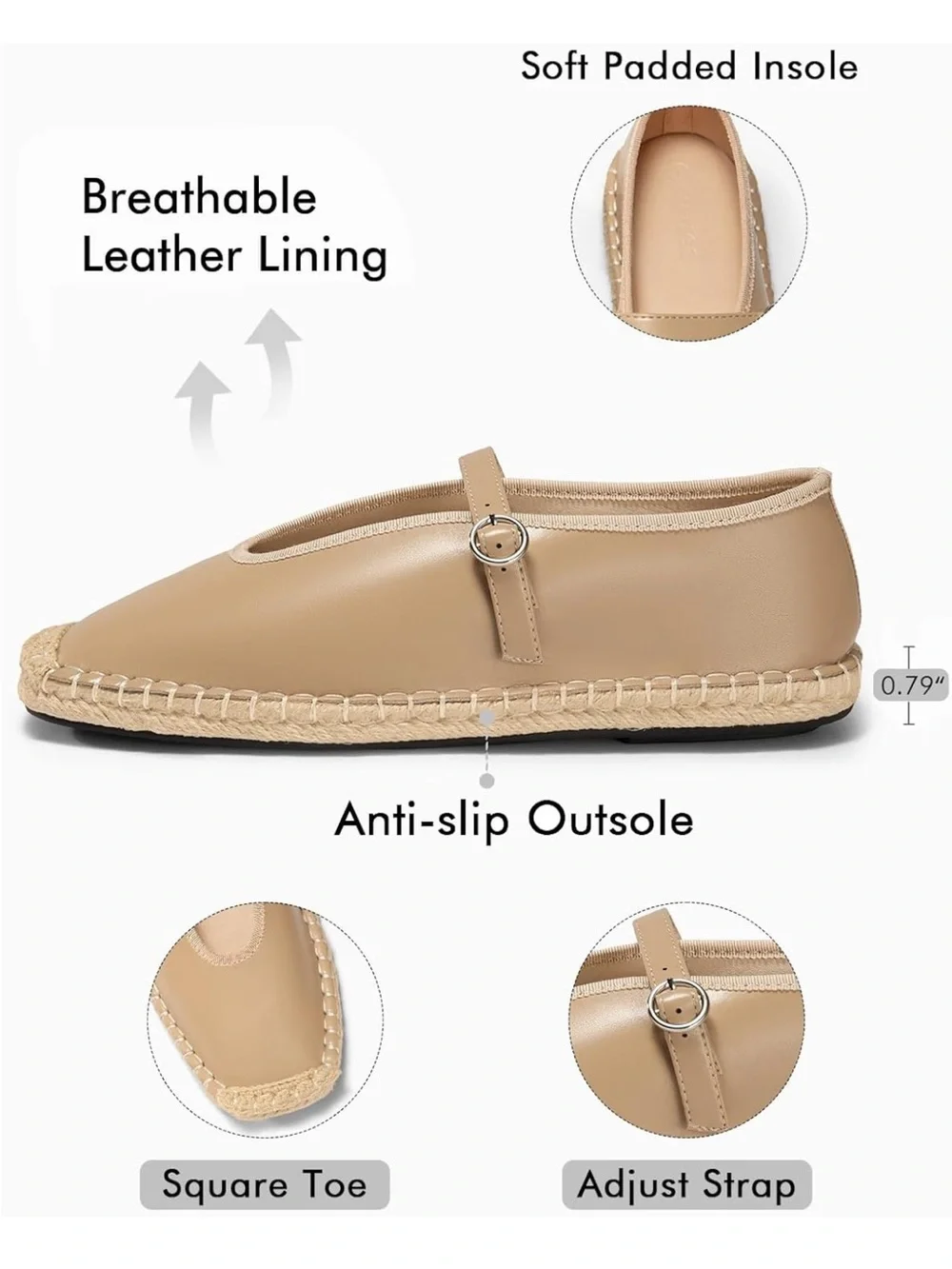 Coutgo Women’s Tan Mary Jane Espadrille Flat